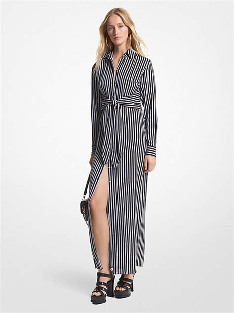 michael michael kors striped crinkled georgette tie-neck dress|Striped Georgette Belted Shirtdress .